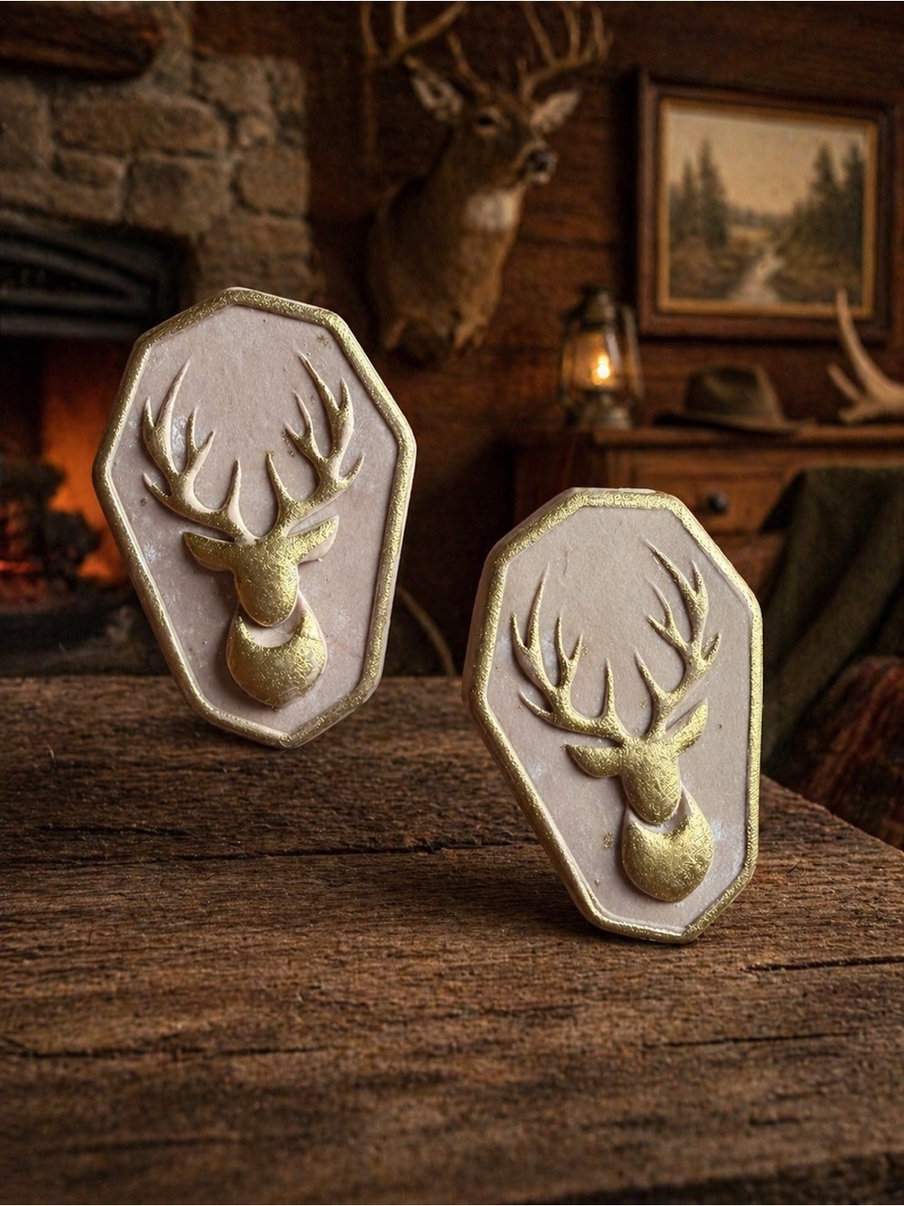 Gold Stag Emblem Handmade Polymer Clay Earrings - Cream Backing